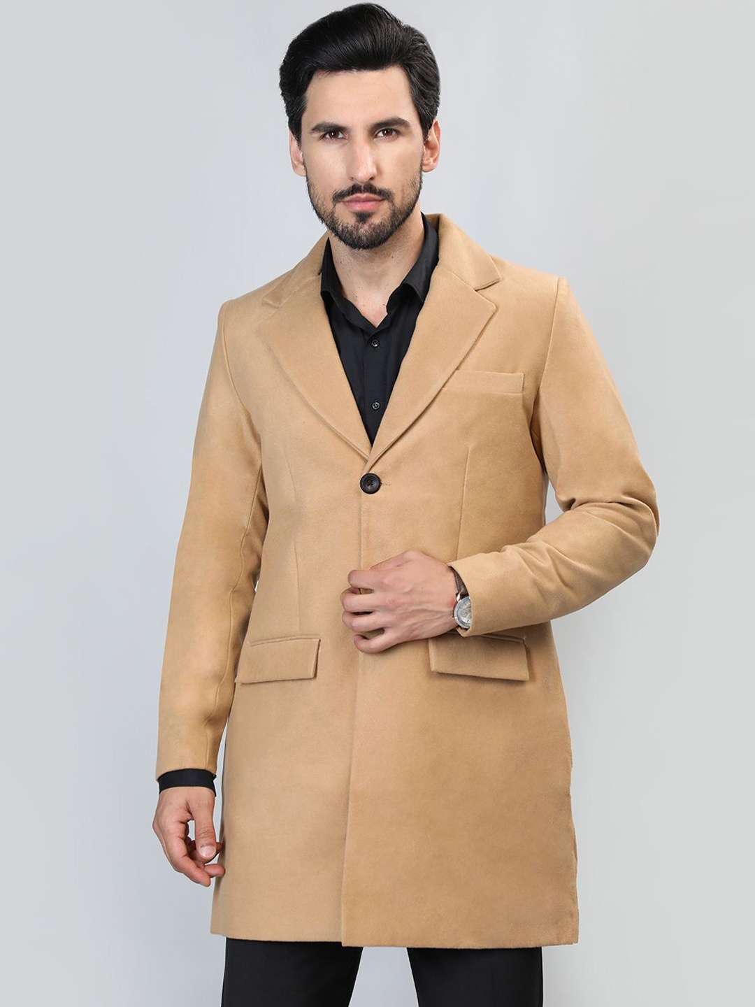 

HONNETE Men Single-Breasted Longline Notched Lapel Long Trench Coat, Cream