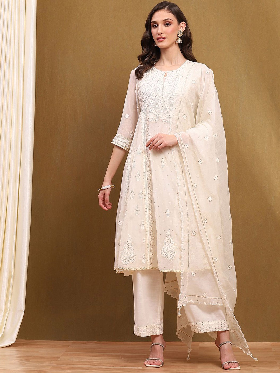 

Biba Floral Embroidered Chanderi Silk A-Line Kurta With Palazzo & Dupatta, Off white