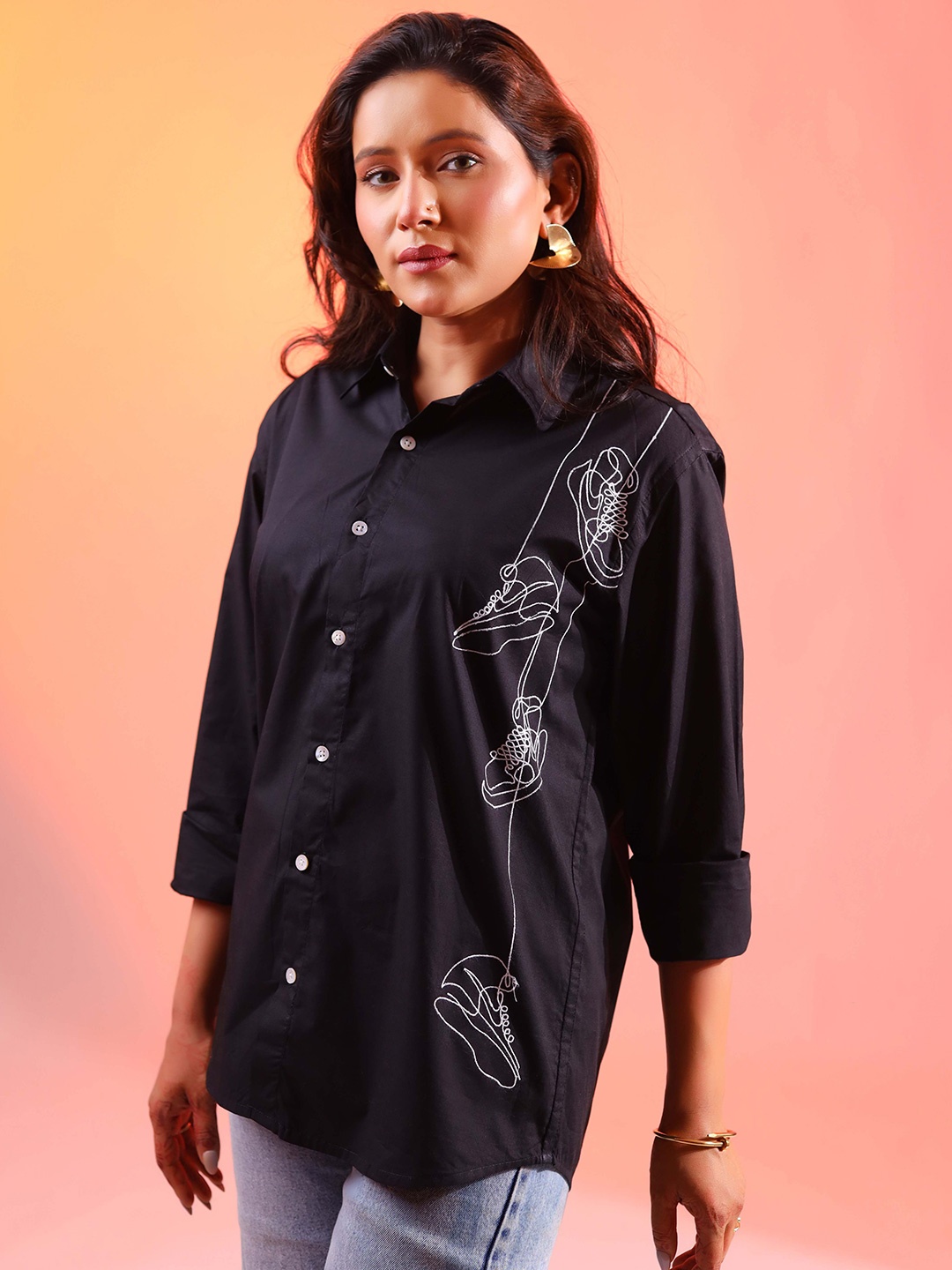 

DALCHINII Women Relaxed Spread Collar Graphic Printed Cotton Casual Shirt, Black