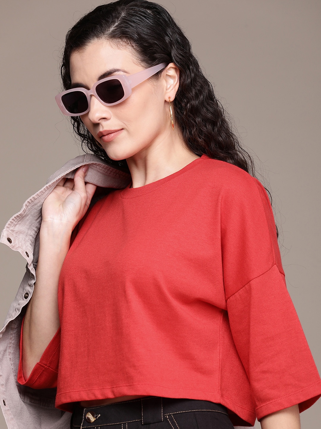 

The Roadster Life Co. Solid Drop-Shoulder Sleeves Casual T-shirt, Red