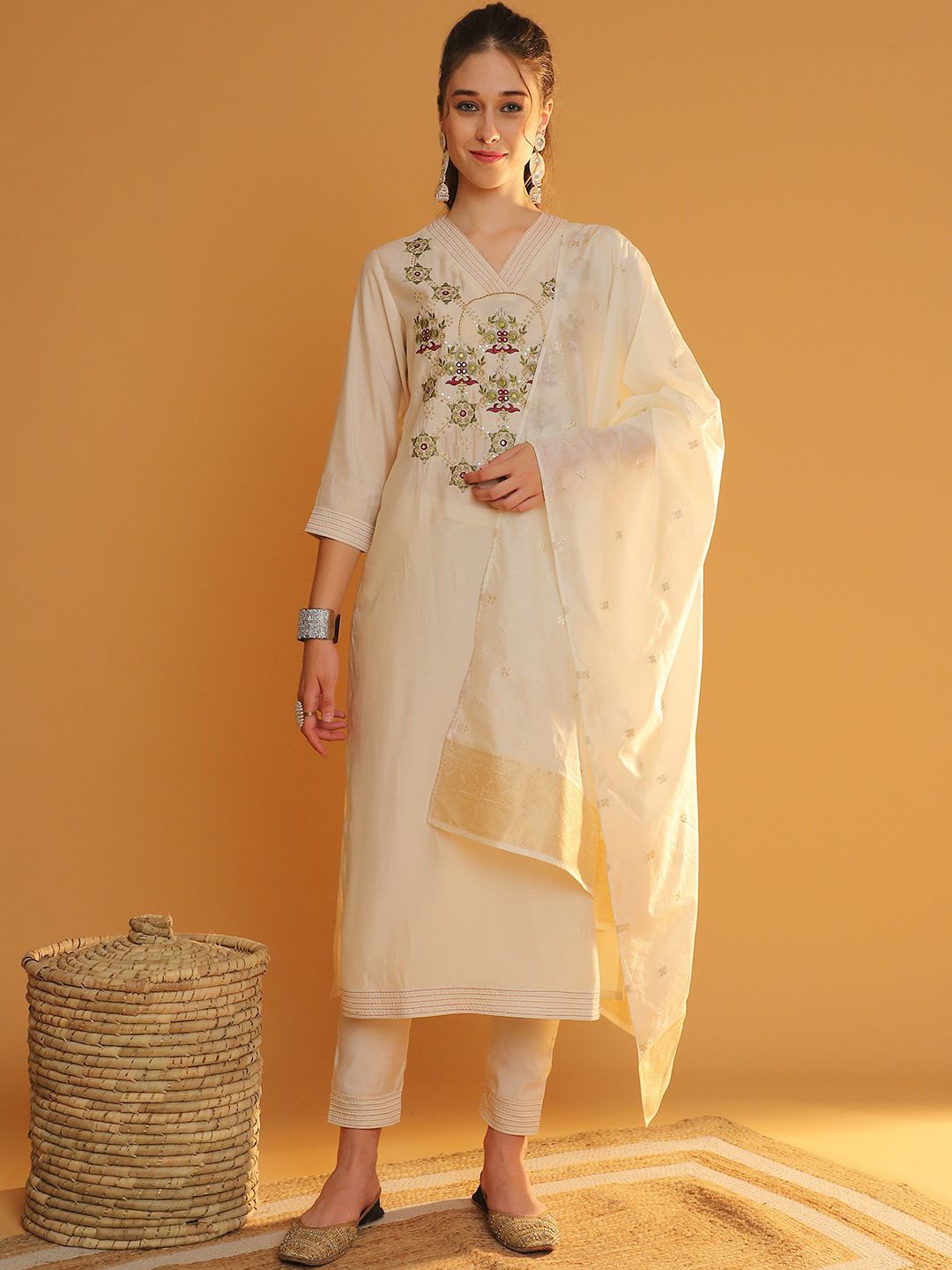 

Tulsattva Floral Embroidered V-Neck Regular Chanderi Cotton Kurta With Trouser & Dupatta, Cream