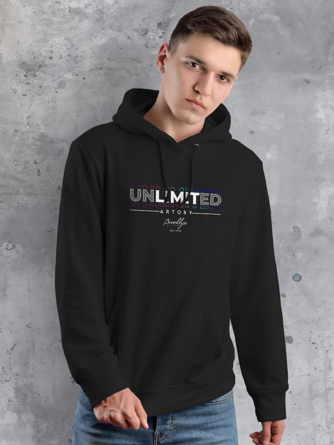

fanideaz Men Cotton Typography Printed Hooded Sweatshirt, Black