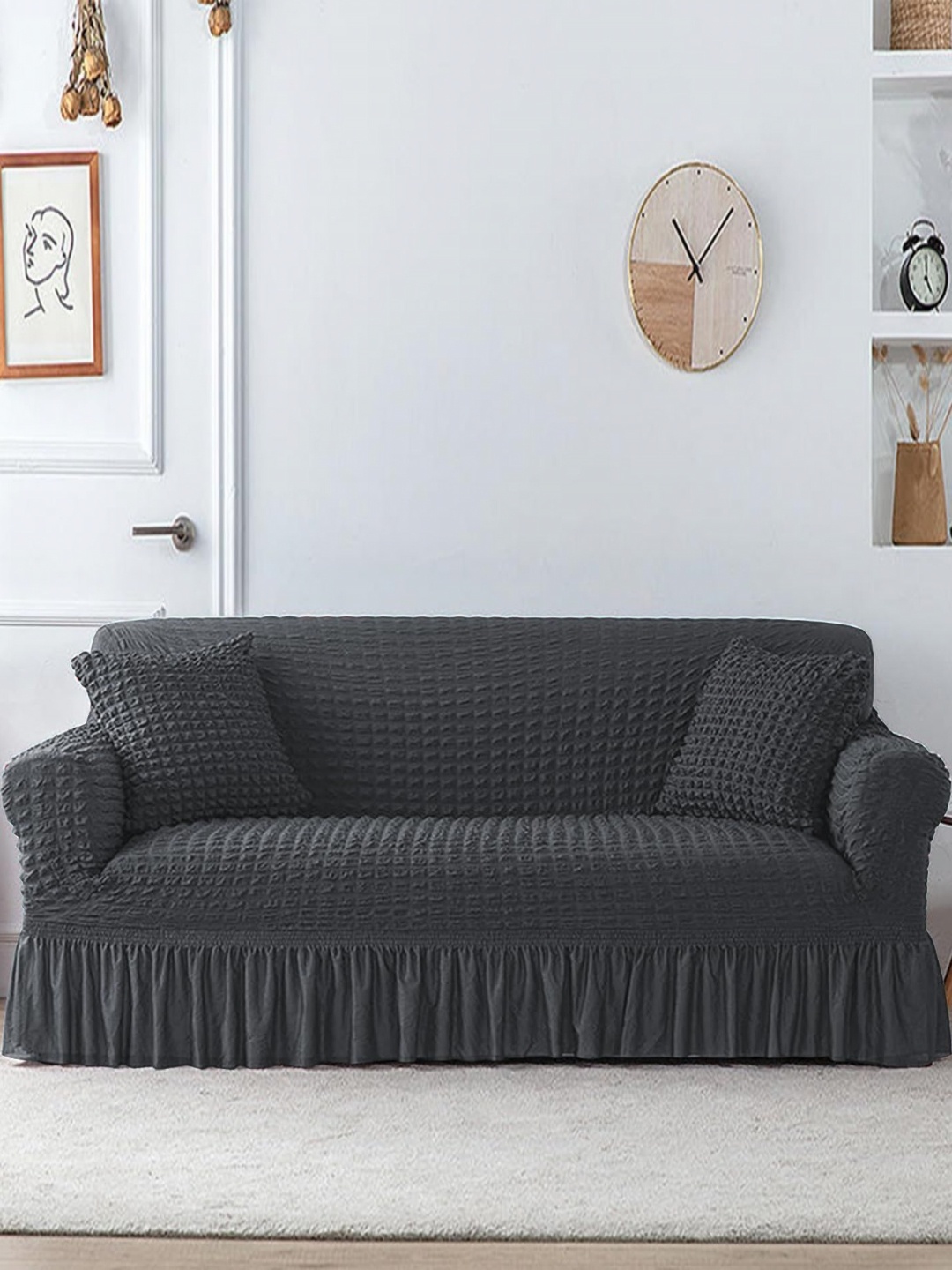 

Lukzer Grey Self Design 1 Seater Sofa Cover With Arms