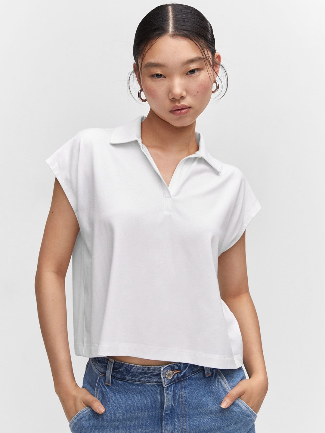 

MANGO Women Polo Collar Extended Sleeves T-shirt, White