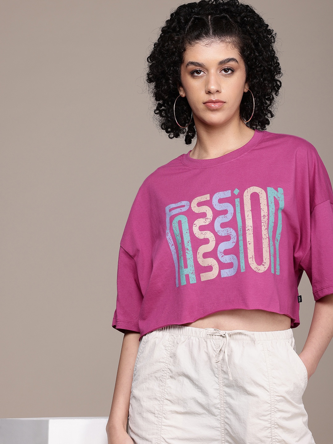 

The Roadster Life Co. Printed Drop-Shoulder Sleeves Oversized T-shirt, Magenta