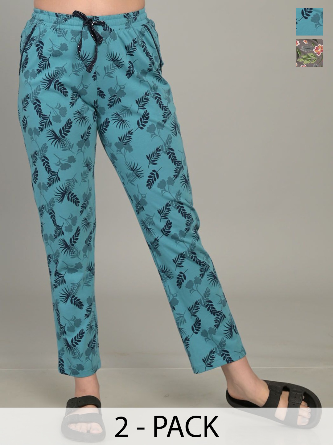 

MAYSIXTY Pack Of 2 Cotton Mid- Rise Printed Lounge Pants, Blue