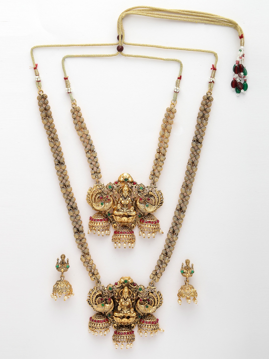 

NVR Gold-Plated Stone-Studded & Beaded Lakshmi Goddness Design Temple Jewellery Set