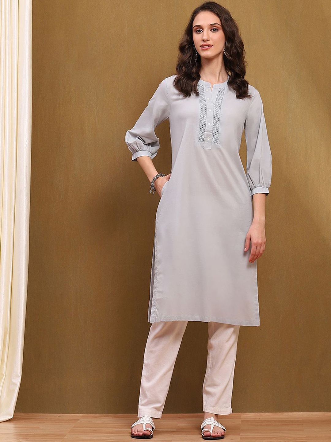 

Biba Mandarin Collar Cotton Straight Kurta, Grey