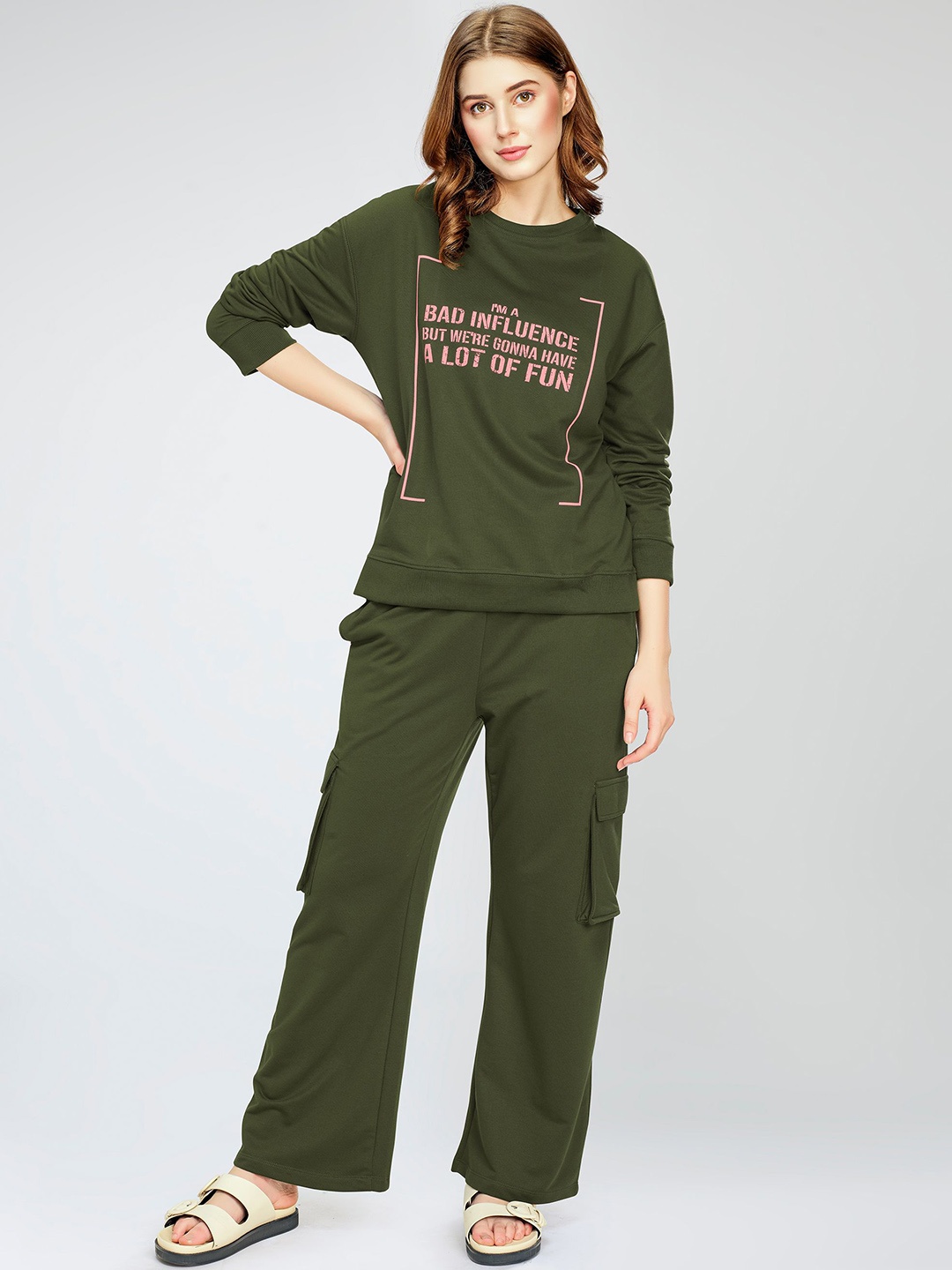 

Zeyo Printed Sweatshirts With Trackpant Co-Ords, Olive