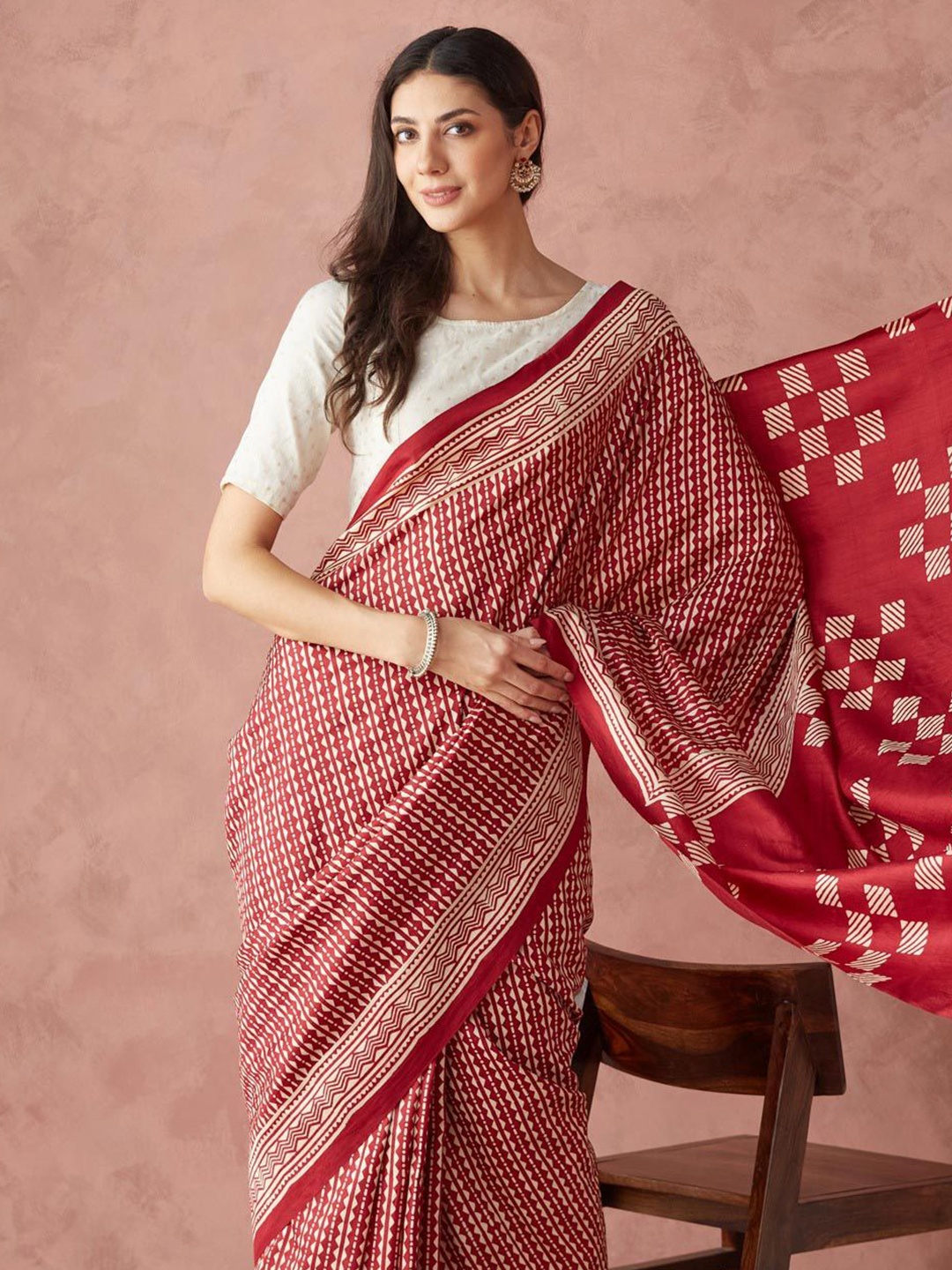 

Fabindia Ethnic Motifs Pure Silk Block Printed Saree, Beige