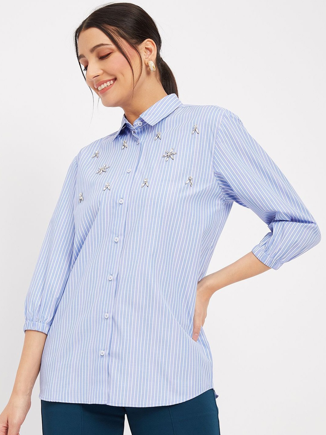 

Antimony Women Standard Spread Collar Vertical Striped Cotton Casual Shirt, Blue