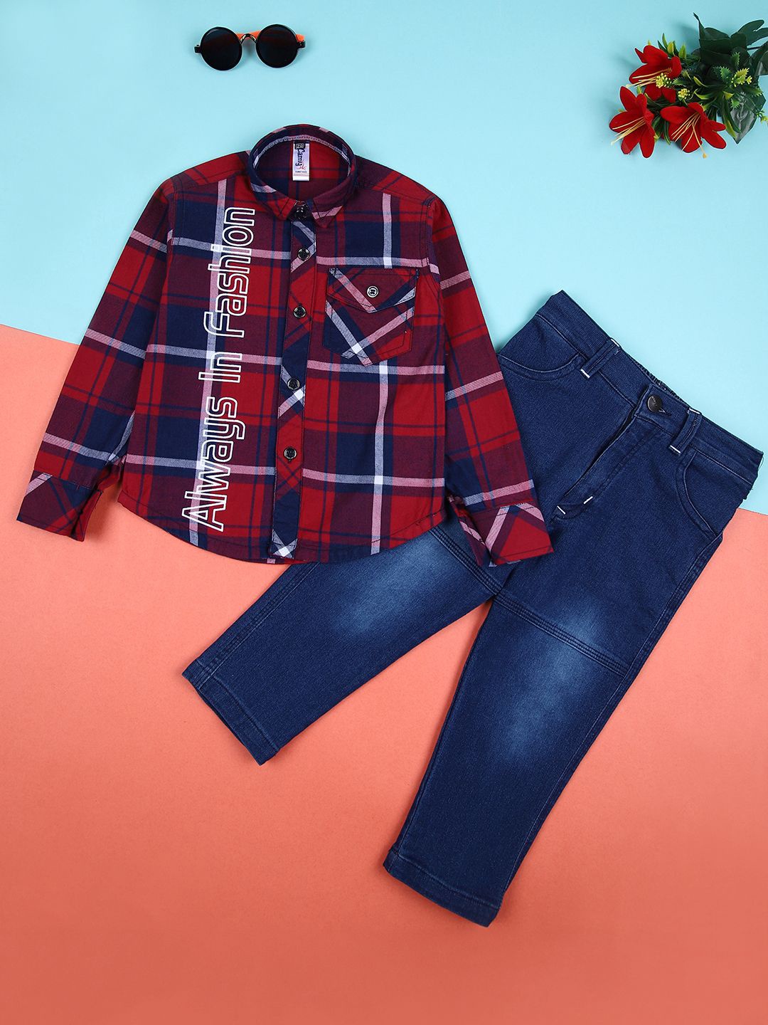

V-Mart Boys Checked Shirt with Trousers, Red