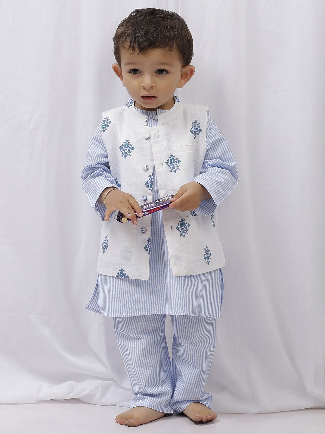 

TJORI Boys Striped Regular Pure Cotton Kurti with Salwar, Blue