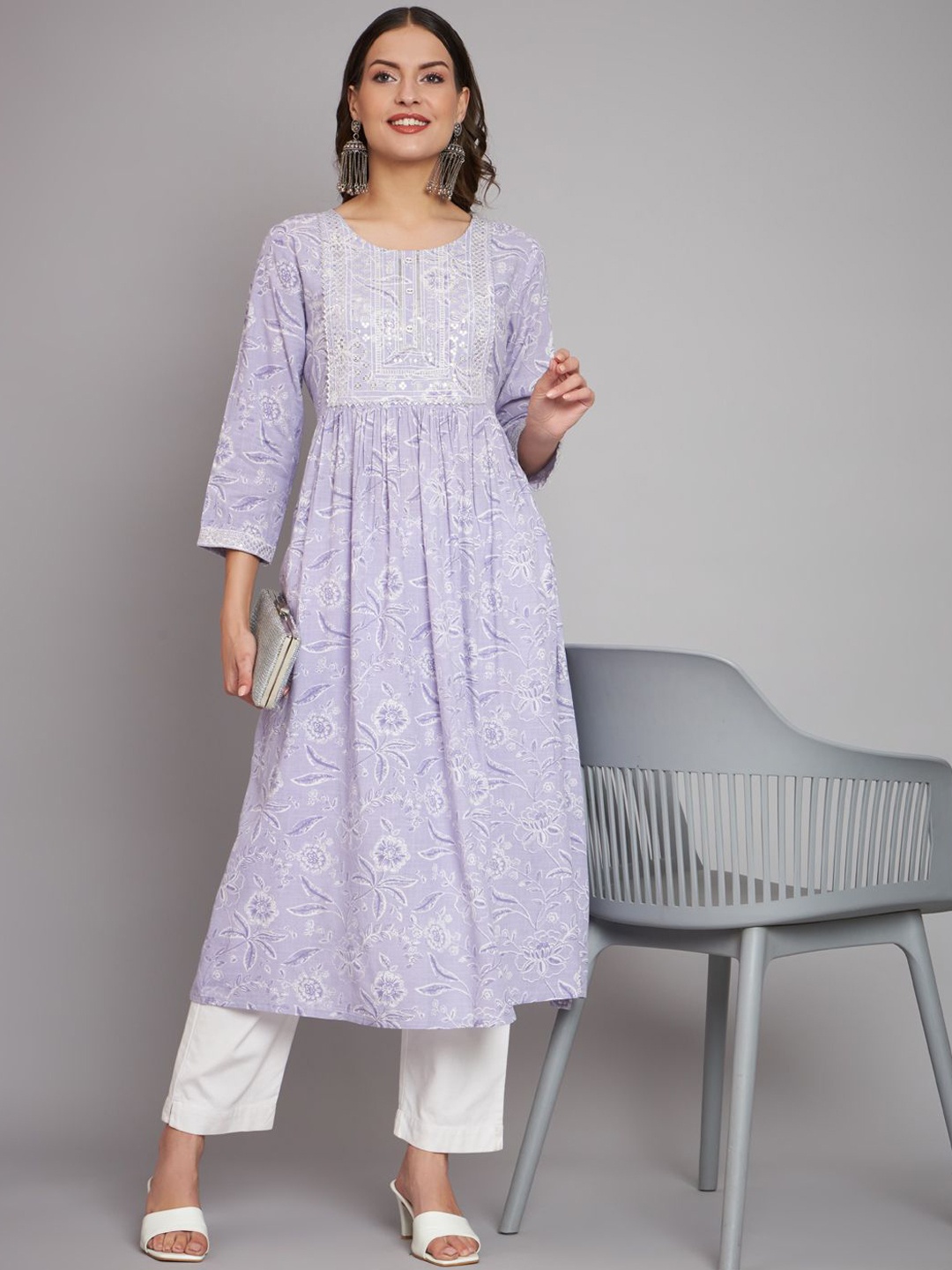 

Anouk Floral Printed Pleated Sequinned Liva Anarkali Kurta, Purple