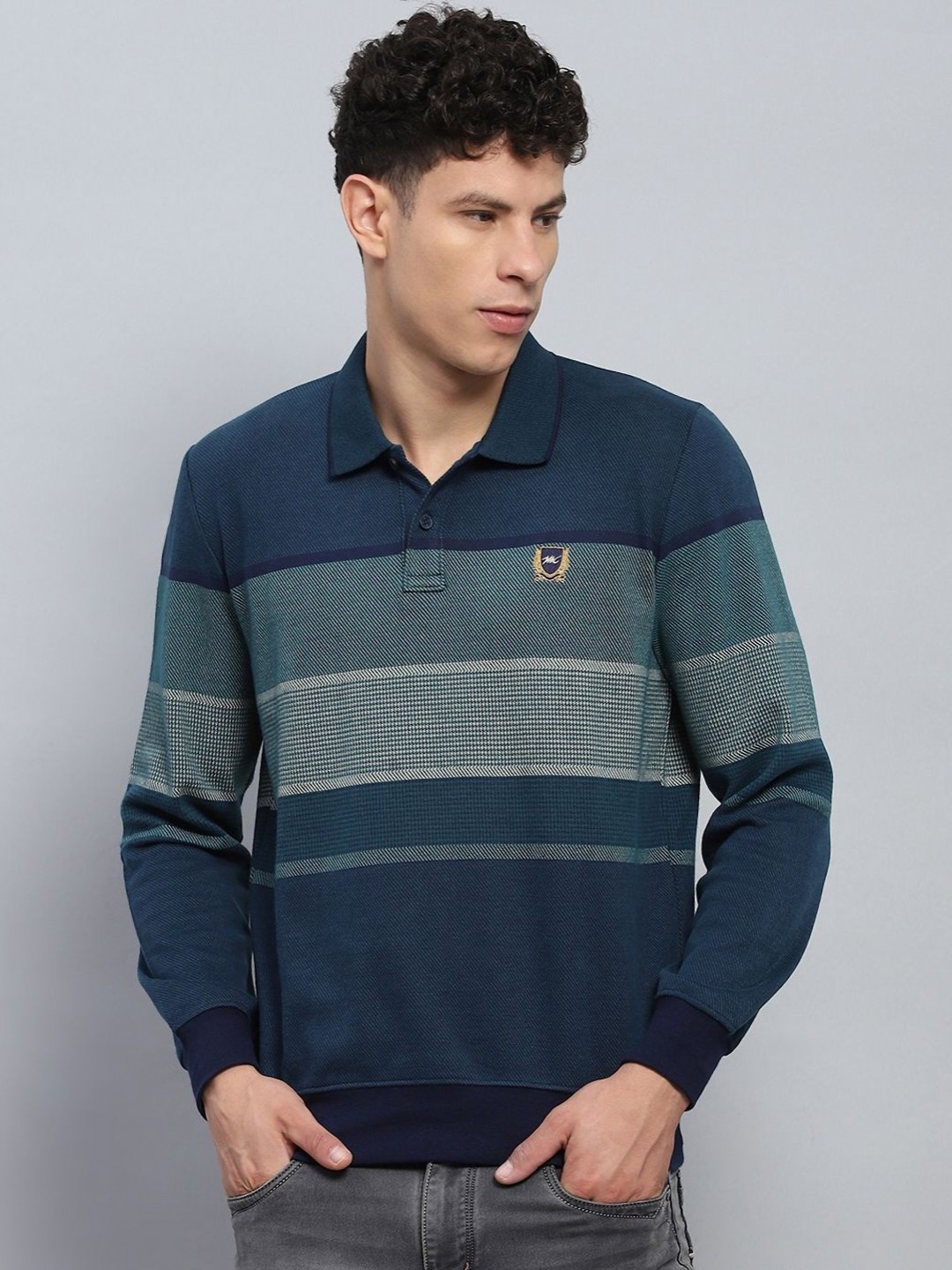 

Monte Carlo Men Striped Polo Collar Applique T-shirt, Green