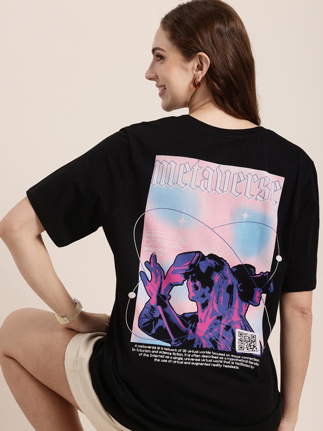 

HERE&NOW Printed Drop-Shoulder Sleeves Pure Cotton Relaxed Fit T-shirt, Black