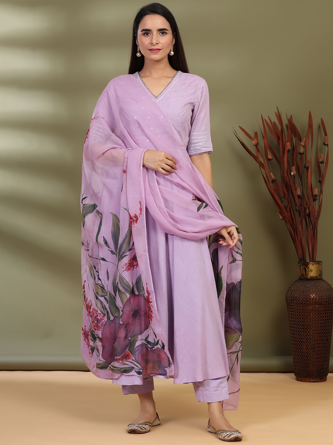 

KYETH Geometric Embroidered V-Neck Sequinned Anarkali Kurta With Trouser And Dupatta, Purple