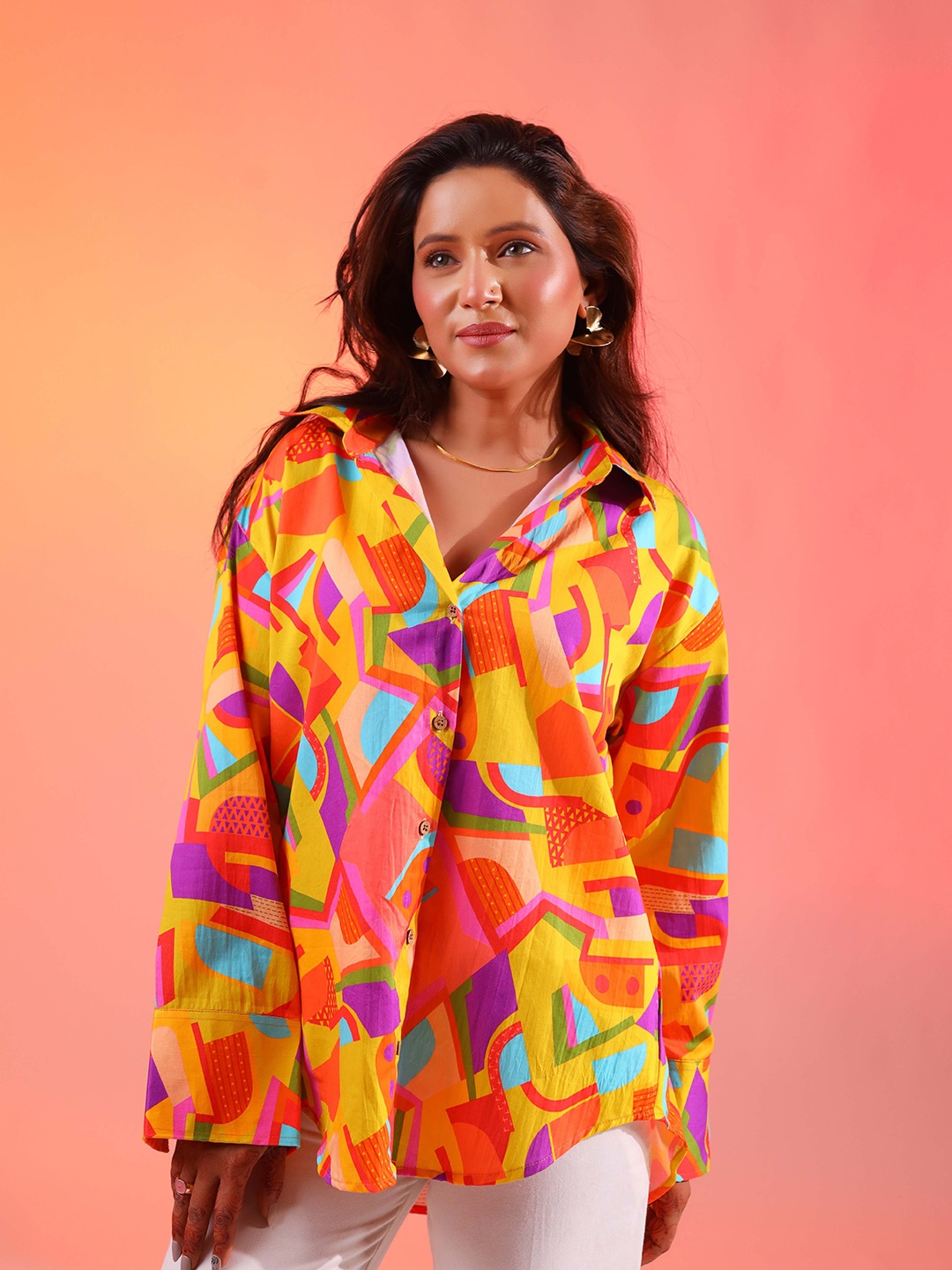 

DALCHINII Women Relaxed Spread Collar Abstract Printed Cotton Oversized Casual Shirt, Yellow