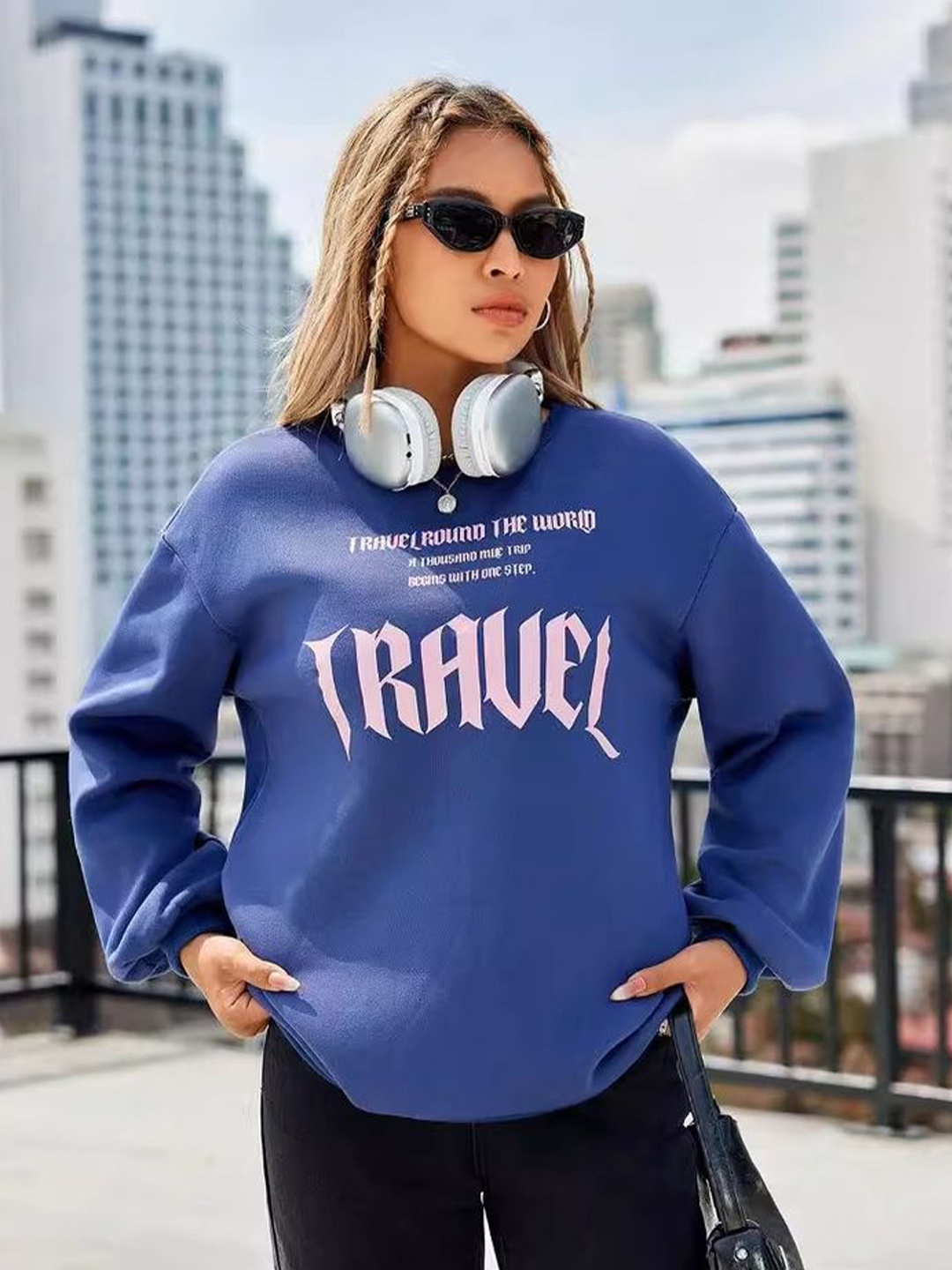 

LULU & SKY Women Typography Printed Pullover, Blue