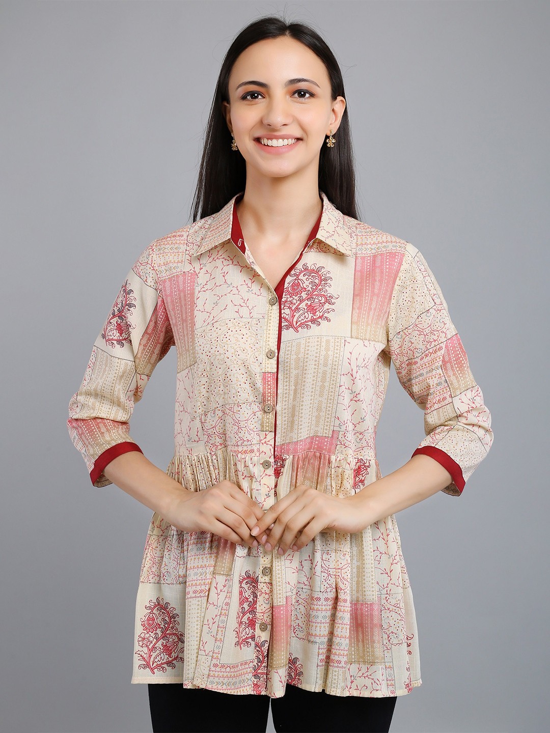 

VAPPSYAM Shirt Collar Printed Ethnic Tunic, Red