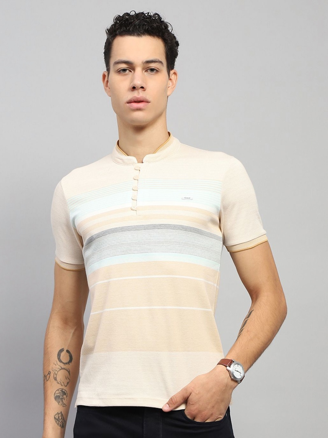 

Monte Carlo Men Striped Mandarin Collar Cotton T-shirt, Beige