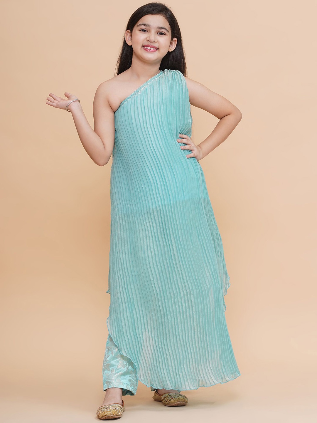 

PICCOLO Girls One Shoulder A Line Kurti with Trousers, Blue