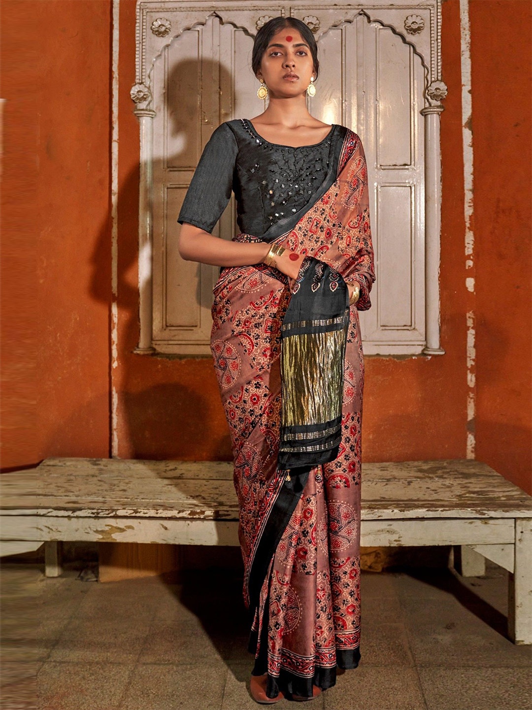 

MySilkLove Women Ajrak Printed Satin Saree, Peach