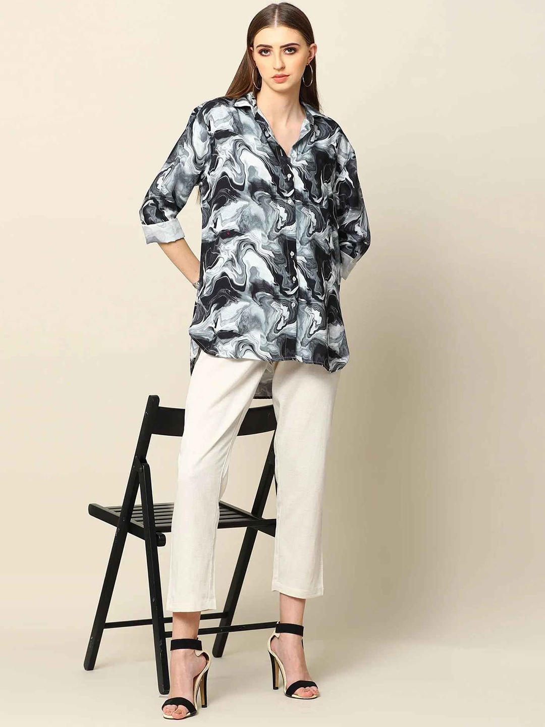 

Saltpetre Women Relaxed Spread Collar Abstract Printed Organic Cotton Casual Shirt, Off white