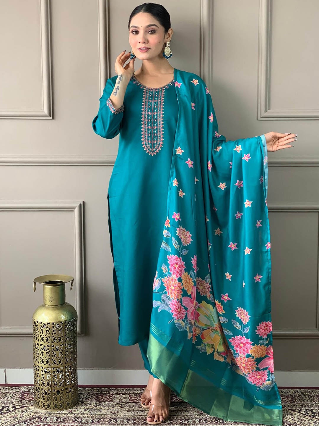

THE52 Floral Yoke Design Sequinned Chanderi Cotton Straight Kurta with Trousers & Dupatta, Blue