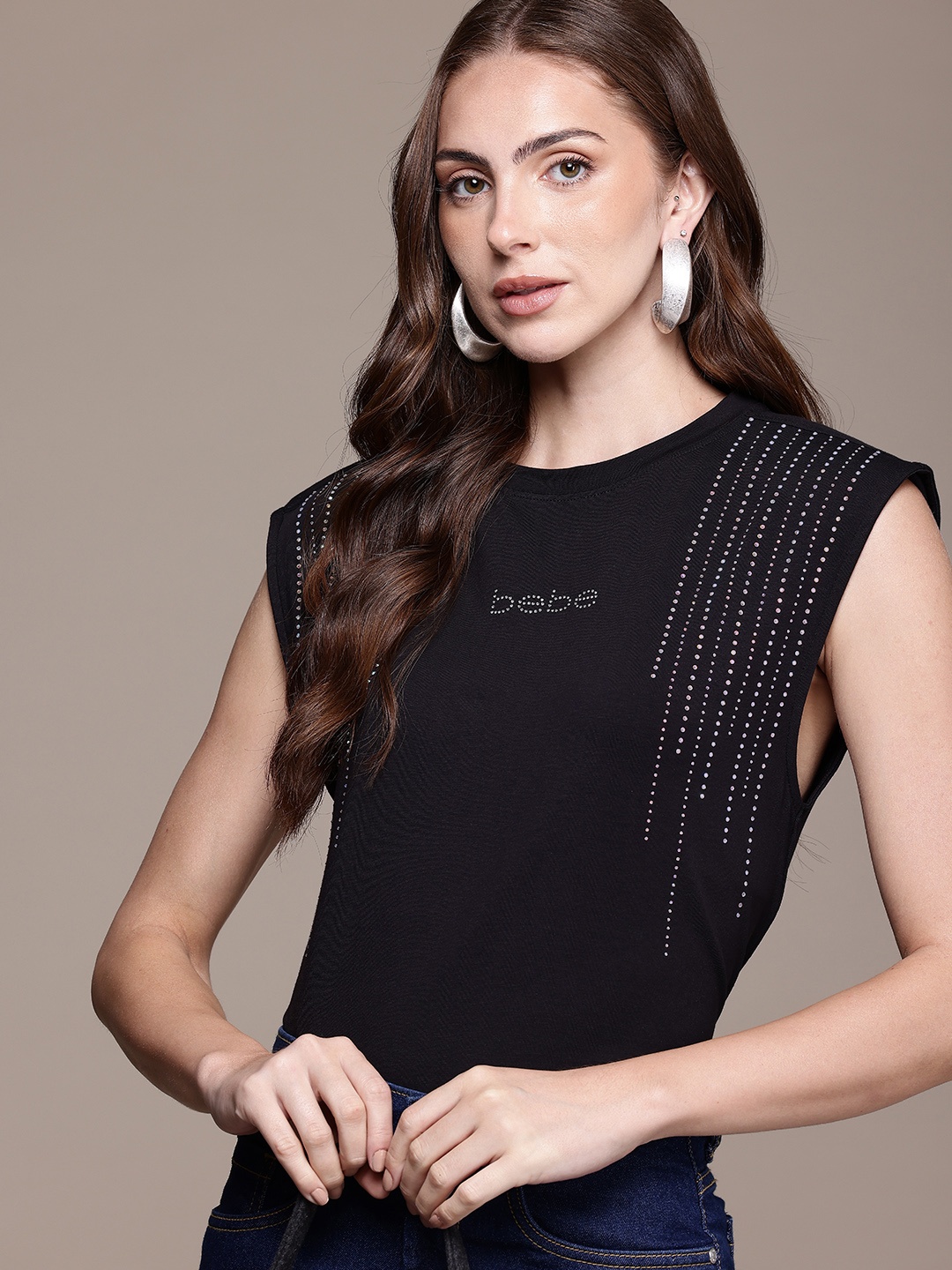 

bebe Extended Sleeves Boxy T-shirt with Embellished Detail, Black