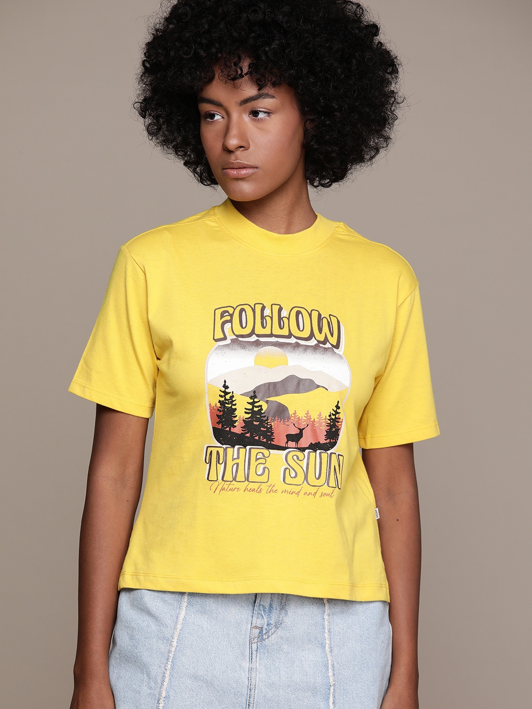 

The Roadster Lifestyle Co. Women Printed Relaxed Fit T-shirt, Yellow