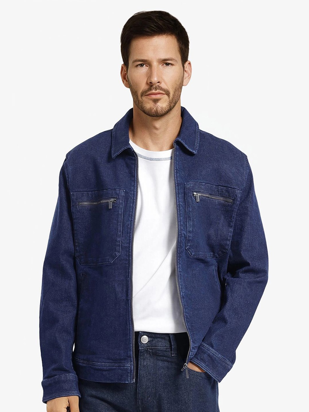 

RARE RABBIT Men Spread Collar Solid Cotton Casual Denim Jacket, Navy blue