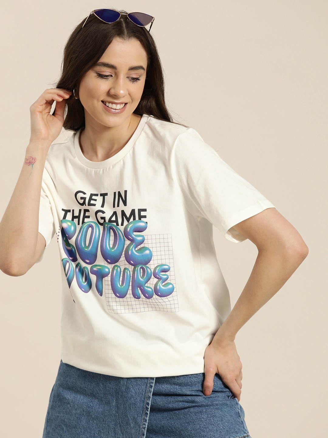 

HERE&NOW Printed Pure Cotton T-shirt, Cream