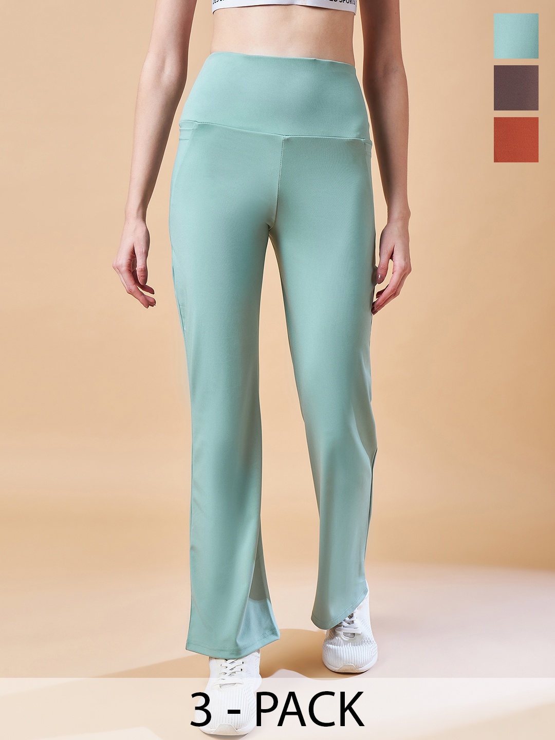 

COLOR CAPITAL Women Pack of 3 Ankle-Length Sports Flared Gym Tights, Sea green