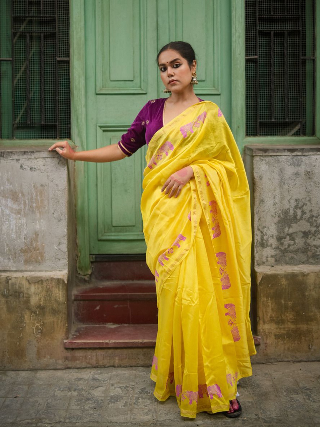 

Apaapi Threads of glory Ethnic Motifs Zari Pure Silk Block Print Saree, Yellow