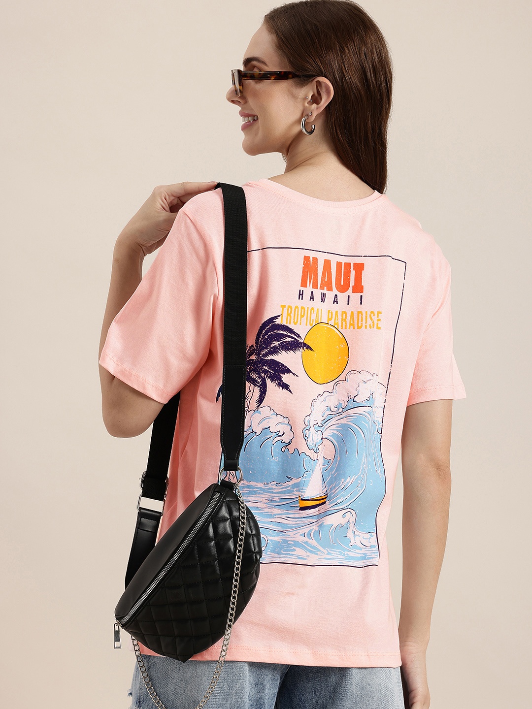 

HERE&NOW Printed Drop-Shoulder Sleeves Pure Cotton Relaxed Fit T-shirt, Peach