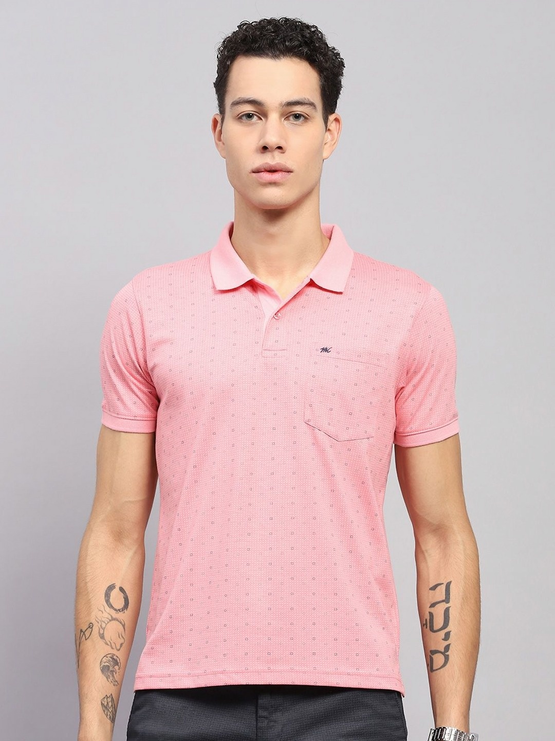 

Monte Carlo Men Geometric Printed Polo Collar Cotton T-shirt, Pink