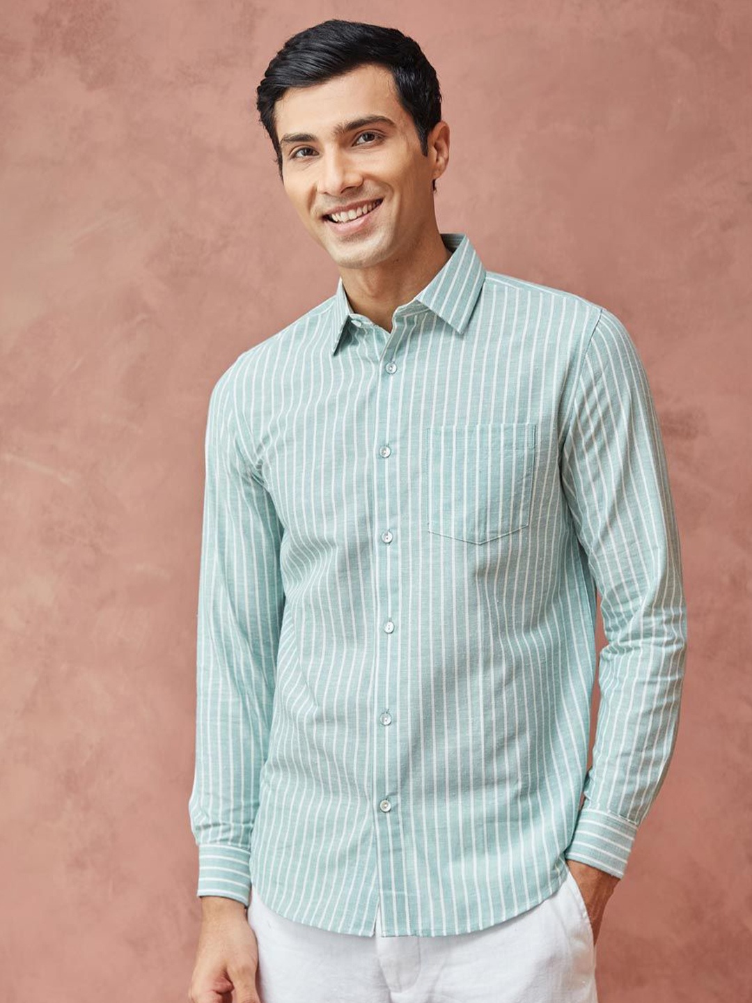 

Fabindia Men Spread Collar Vertical Striped Cotton Casual Shirt, Green