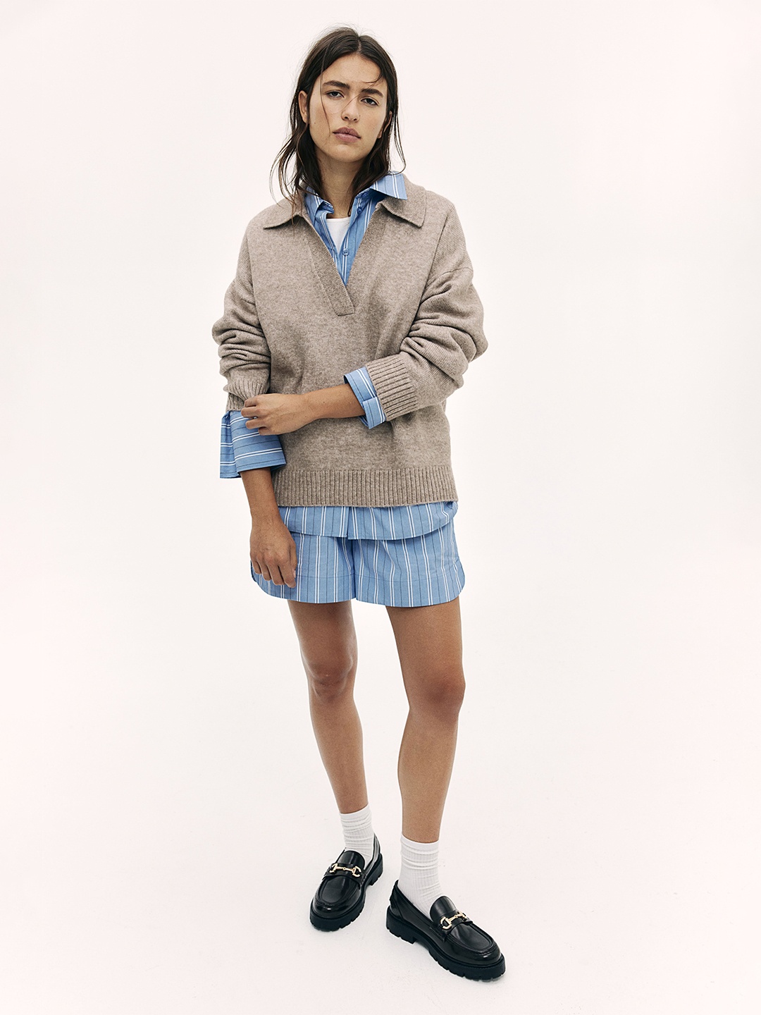 

H&M Fine-Knit Collared Jumper, Beige