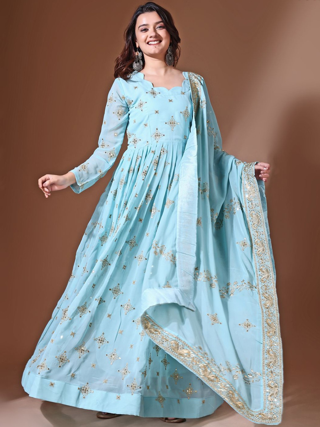 

KALINI Floral Embroidered Round Neck Gathered Georgette Maxi Ethnic Dress With Dupatta, Blue