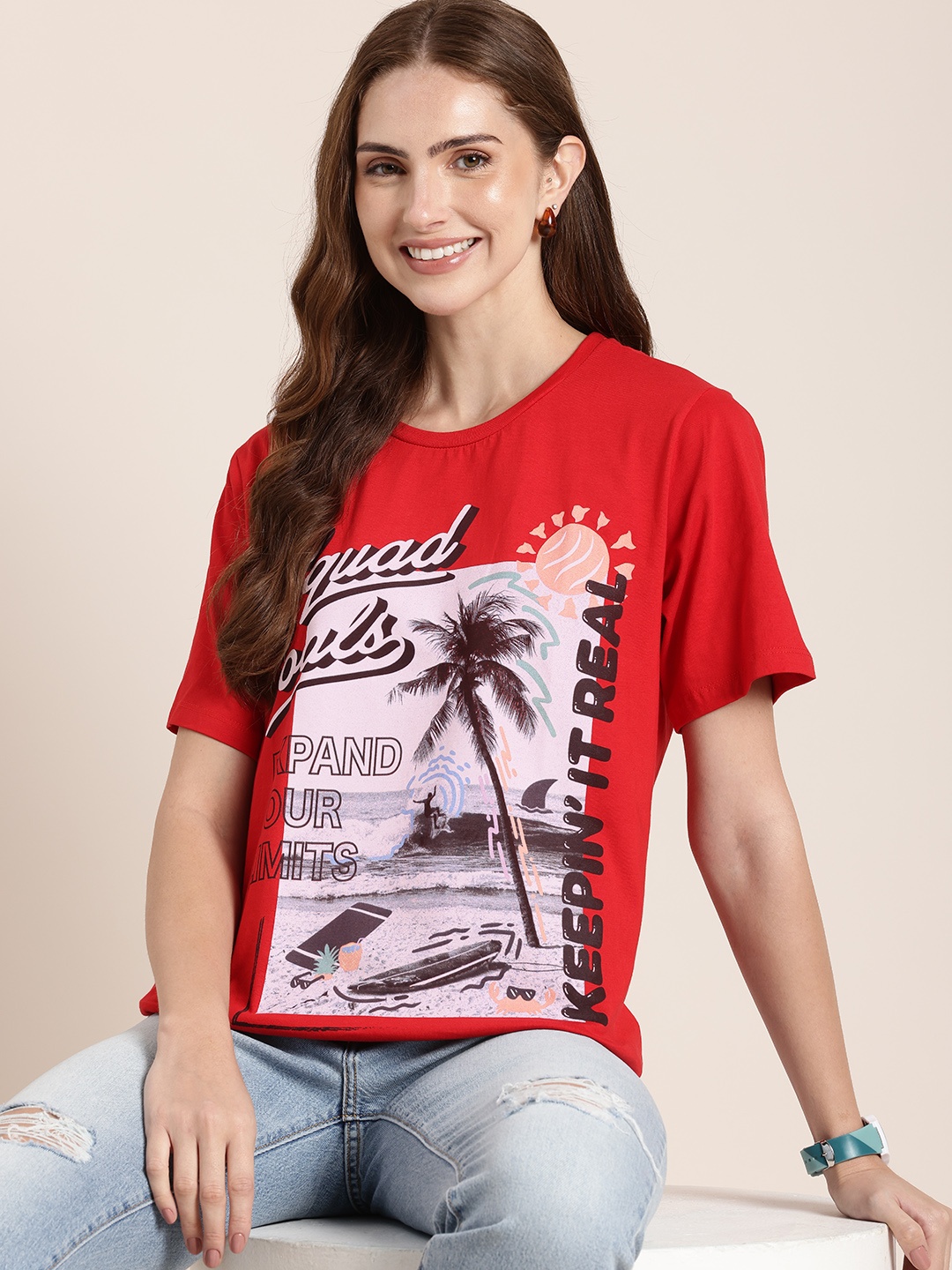 

HERE&NOW Pure Cotton Graphic Printed T-shirt, Red