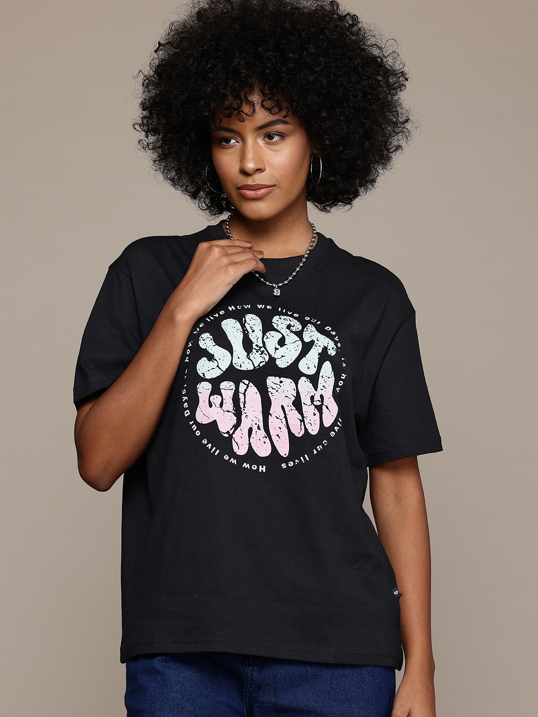

The Roadster Lifestyle Co. Women Typography Printed Pure Cotton T-shirt, Black