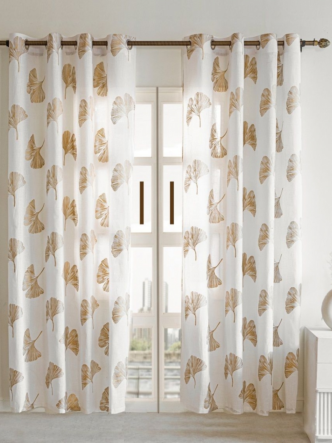 

HOMEMONDE Gold-Toned & White 2 Pieces Floral Printed Cotton Sheer Door Curtains