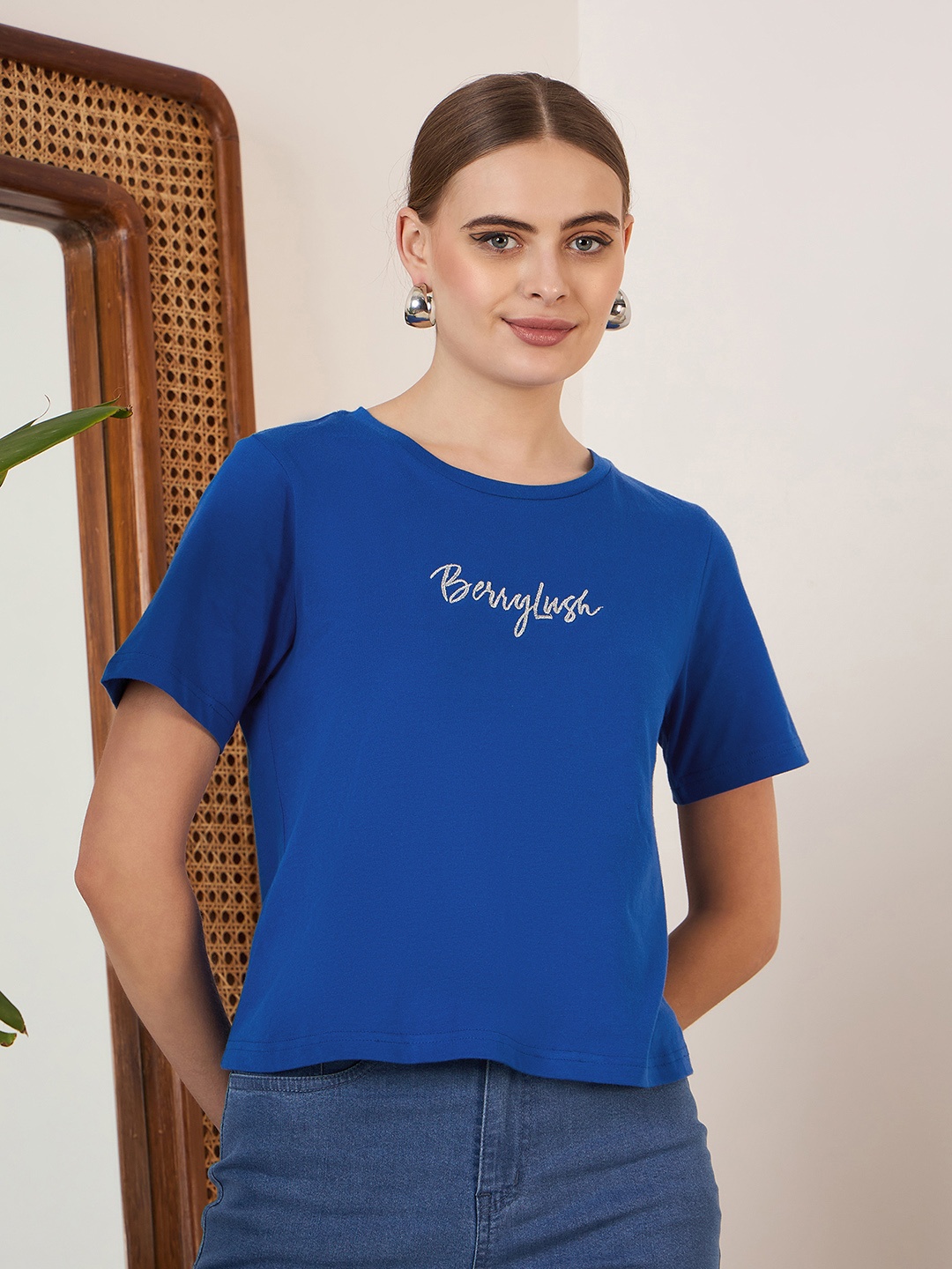 

Berrylush BASICS Blue Brand Logo Printed T-shirt