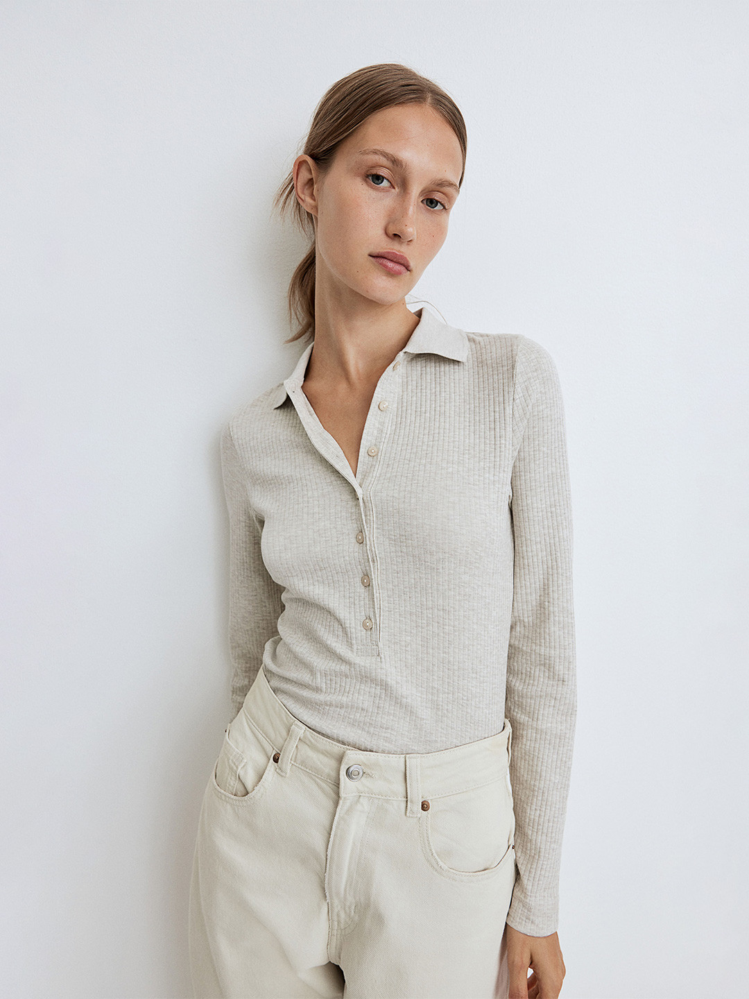 

H&M Women Ribbed Polo Shirt, Beige