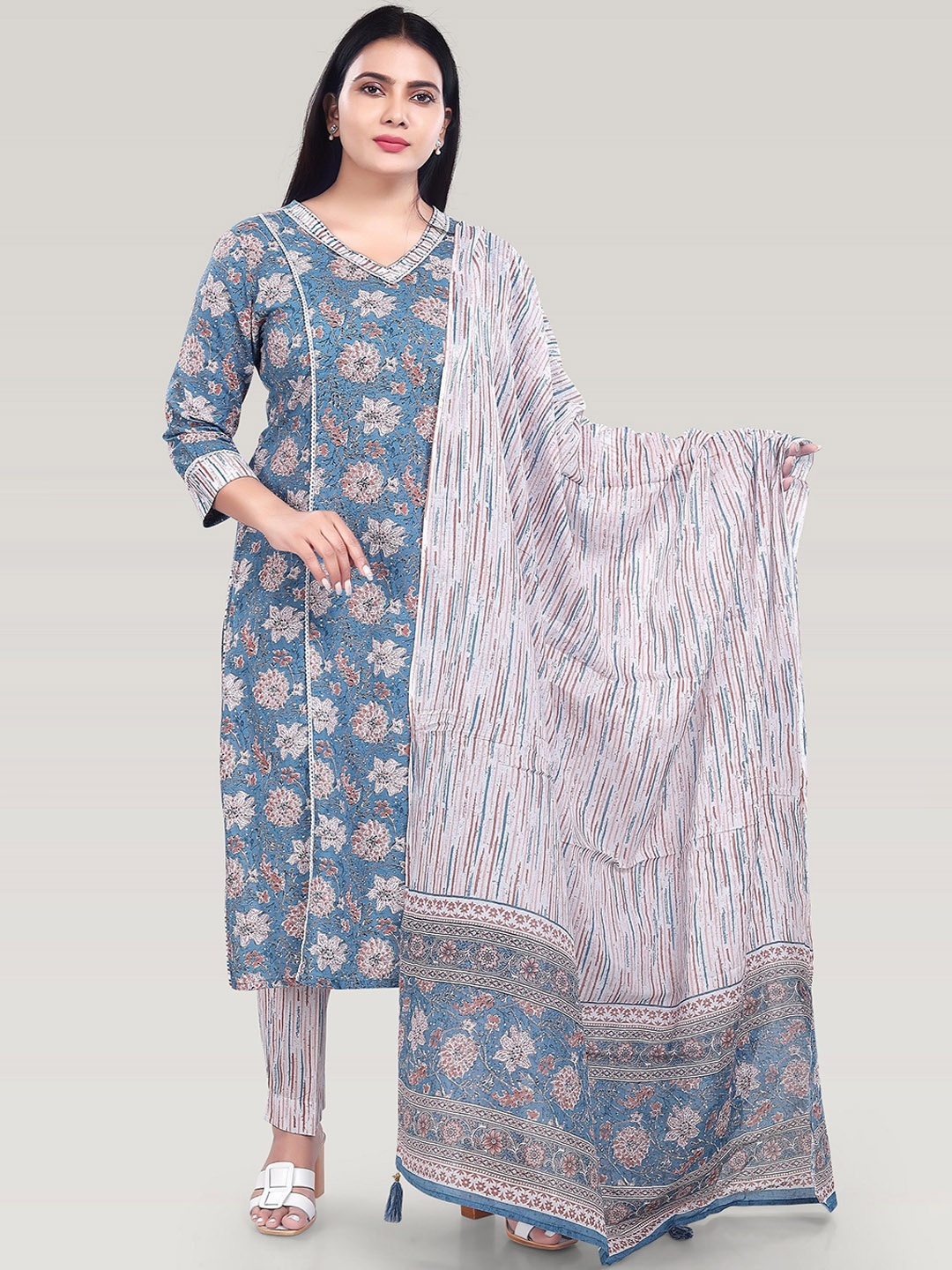 

COTTON CULTURE Floral Printed Pure Cotton A-Line Kurta With Trouser & Dupatta, Blue