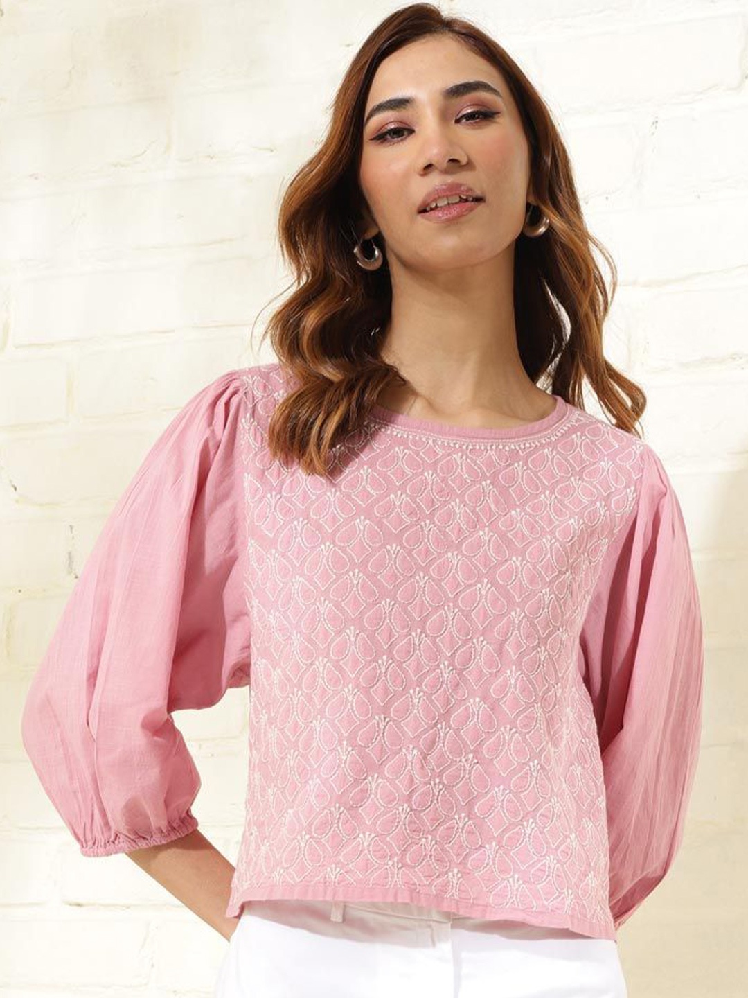 

Fabindia Embroidered Cotton Crop Top, Pink