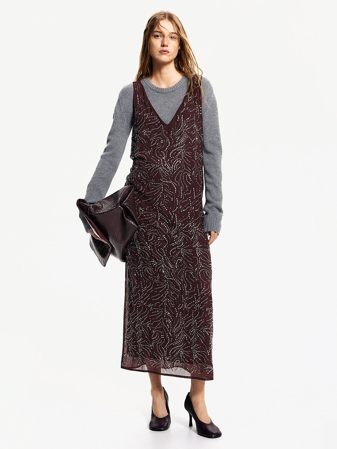 

H&M Women Rhinestone-Embellished Dress, Burgundy
