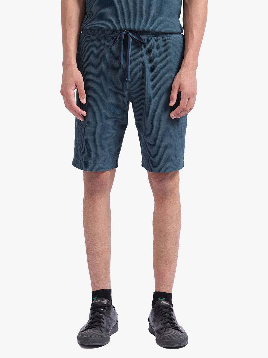 

RARE RABBIT Men Striped Mid-Rise Cotton Shorts, Blue