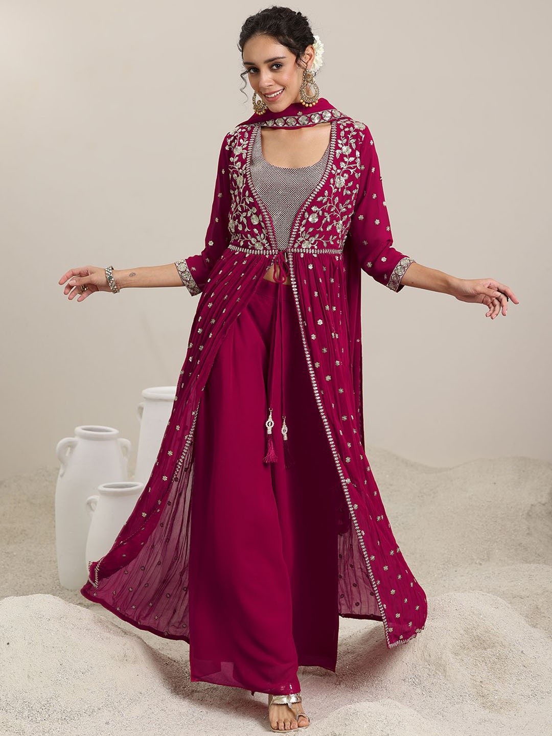 

Libas Embellished Round neck Sleeveless Top With Palazzo With Shrug With Dupatta, Pink